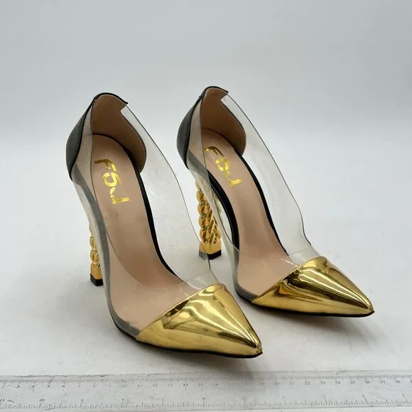 FSJ Gold Clear Gold Metal Chain Chunky High Heel Pointed Toe Slip On Pumps - Picture 4 of 8